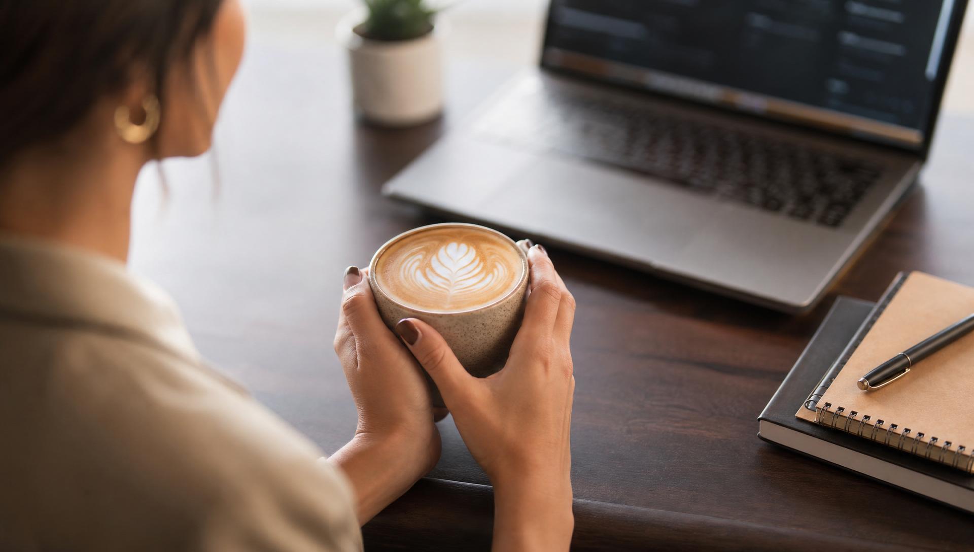 Cappuccino avec latte art, moment de pause au bureau